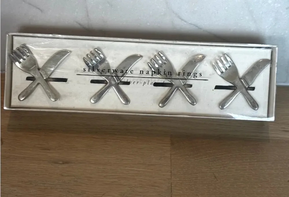 Pier 1 Imports silverware napkin rings knife and fork silver plated NWT